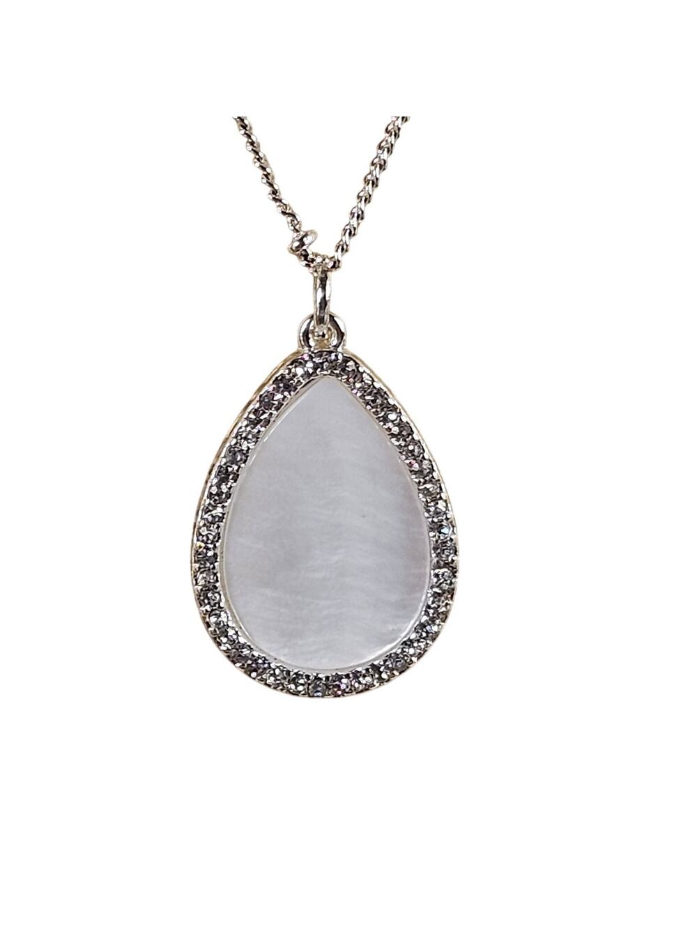 Lauren Conrad Genuine Mother of Pearl Teardrop Pendant Necklace 32” Silver Tone
